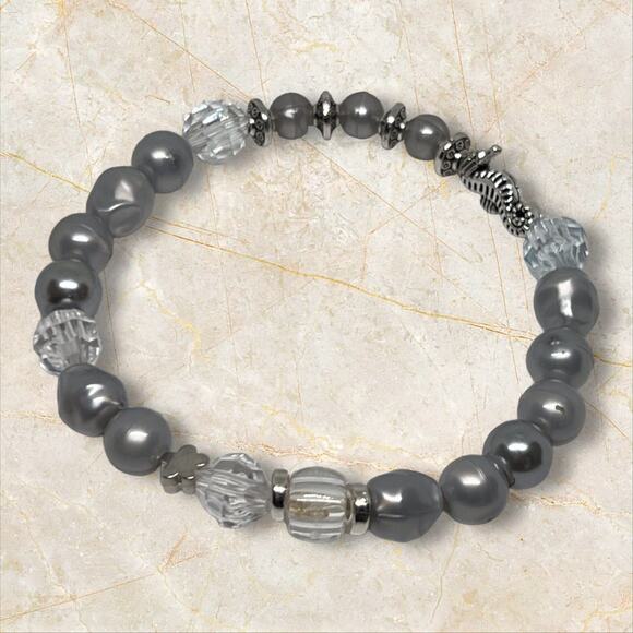 Coastal Chic Classic Beachy Silver Stretch Beaded Bracelet Set Eclectic Design - Picture 5 of 6